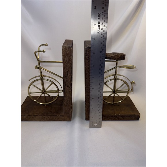 Vintage Bicycle Book Ends Wood Gold Metal Pair Bookends Felt Bottom - Picture 6 of 6